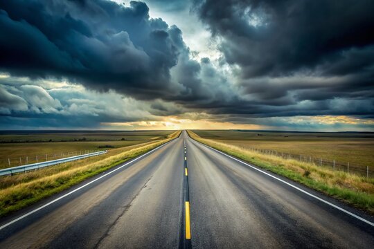 A seemingly endless stretch of empty highway disappears into the horizon, conveying a sense of monotony and unending