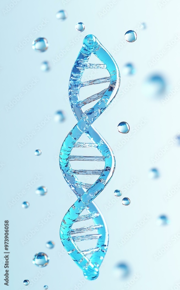 Poster A striking blue DNA model hovers amidst soft glass shards, creating an ethereal effect on a minimalist backdrop.