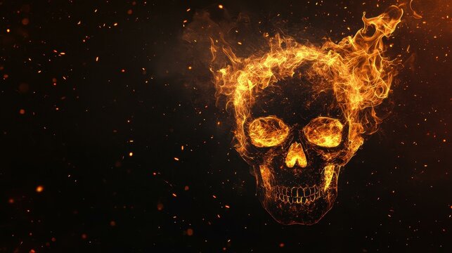 Dark skull with fierce flames and glowing embers, striking contrast against a clean, minimalistic background.