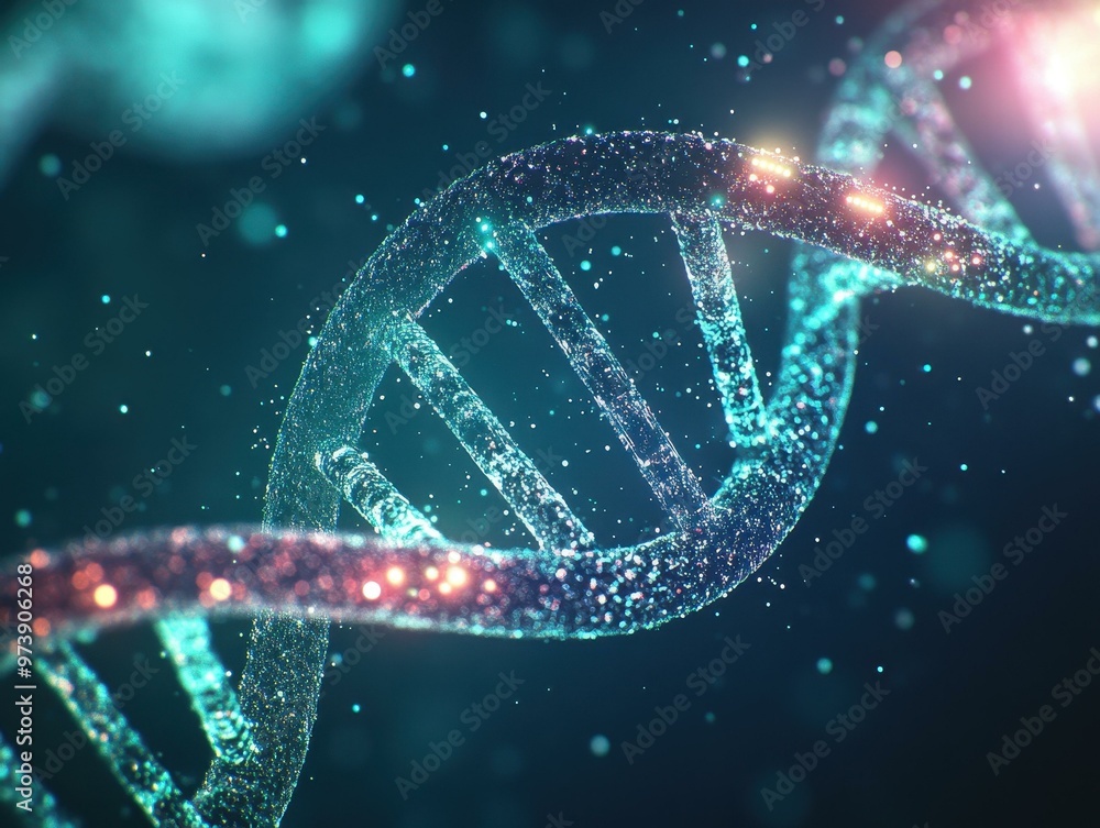 Poster create a stunning image of a metallic dna helix, illuminated with glowing circuits and energy that c