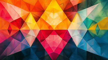 Obraz premium A digital artwork featuring a kaleidoscope of colors, with overlapping geometric shapes in various bright hues, creating a sense of movement and rhythm