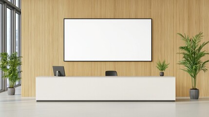 Minimalist Office Reception Desk with Blank TV Screen