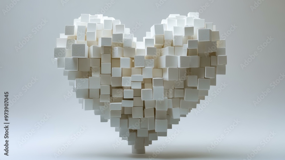 Poster a minimalist heart shape crafted from white boxes, creating a striking visual against a clean backdr