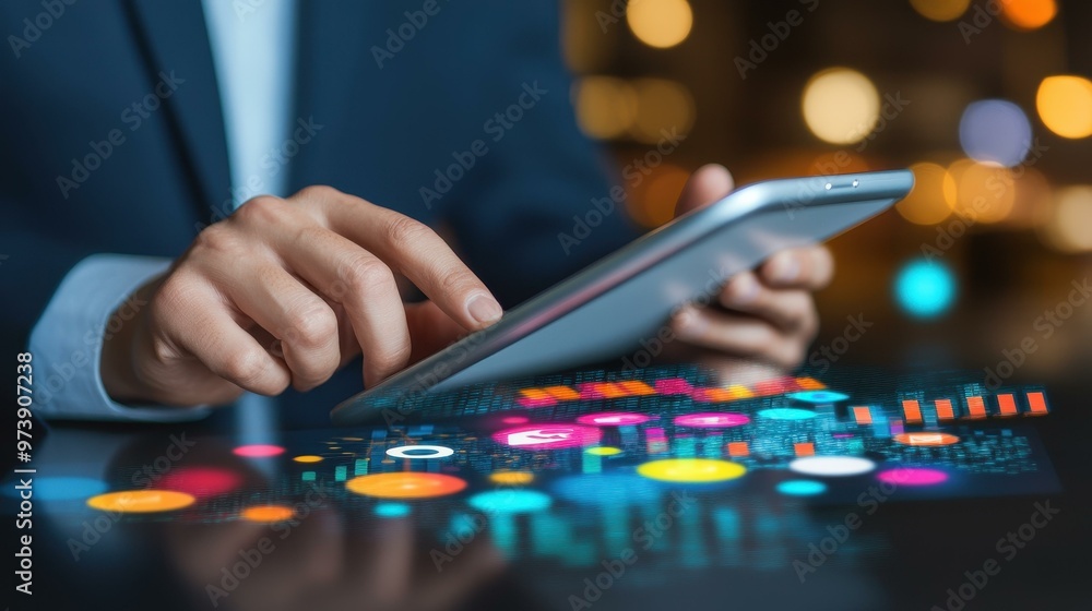 Poster a businessman utilizes a tablet to enhance virtual operations, ensuring seamless management and prob