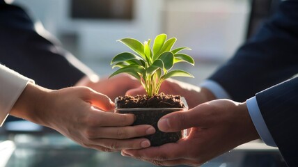 Diverse business people show unity by holding a small plant together, symbolizing teamwork and growth
