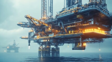 Innovative offshore drilling rig, automated machinery in use, futuristic oil and gas industry concept, robots assisting workers, high-tech visuals
