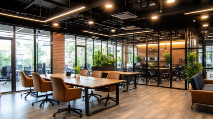 Fototapeta premium Modern Office Interior Design with Wooden Table and Leather Chairs