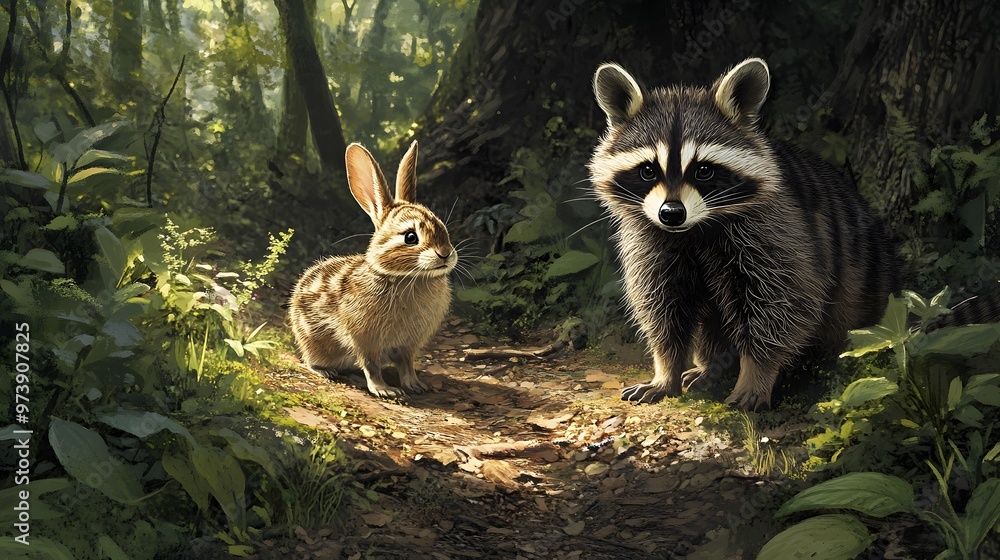 Poster a raccoon and a rabbit encounter in a forest setting