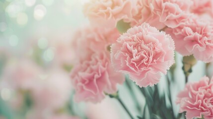 Fototapeta premium Delicate pink carnation flowers showcase their layered petals, surrounded by a dreamy, softly blurred background that enhances their beauty