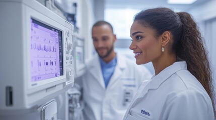 Fototapeta premium Patient receiving treatment through an infusion pump with a focus on the high-tech device and medical professionals administering care in a well-equipped hospital room.