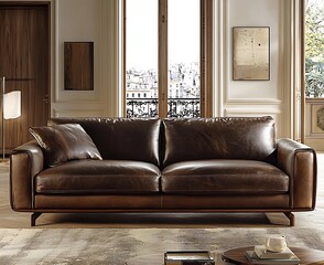 Fototapeta premium Stylish living area with a plush leather couch and walnut wood details.
