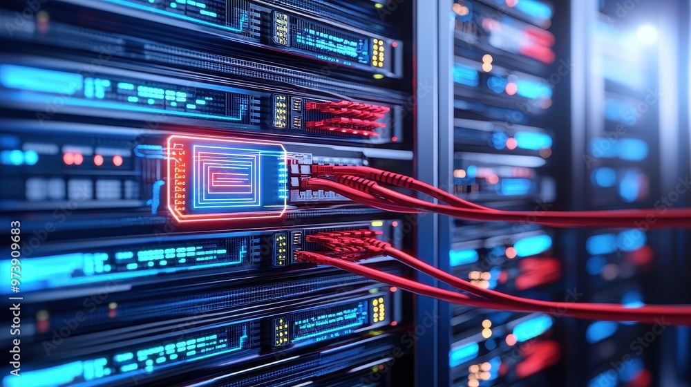 Poster data center server rack with red network cables