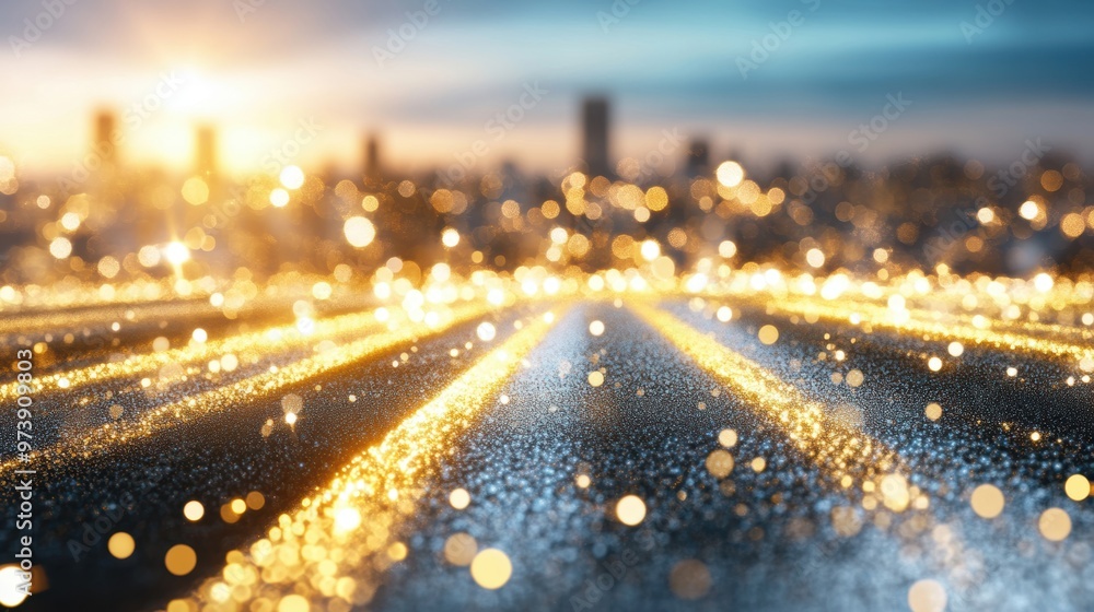 Poster a beautiful blend of shimmering bokeh lights illuminates a city skyline during twilight, adding char