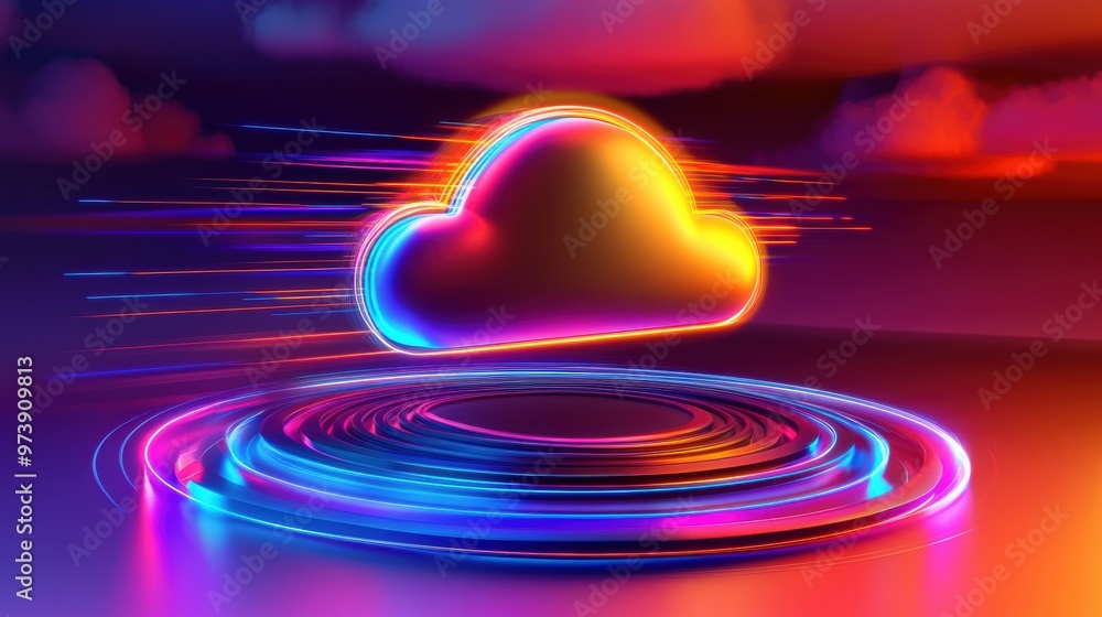 Poster a dynamic cloud icon glows brightly, surrounded by swirling colorful lines, depicting advanced cloud