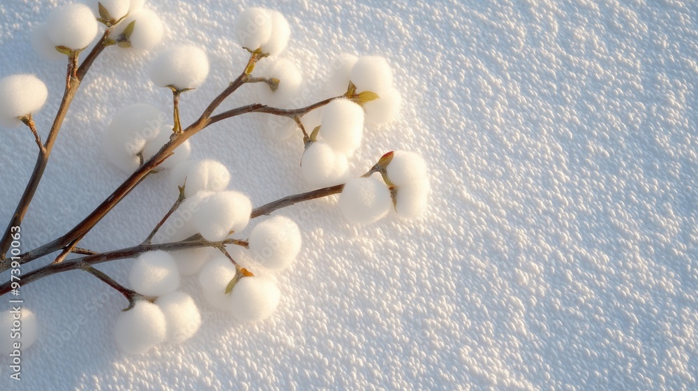 Poster soft white towels provide a gentle backdrop for cotton branches, creating a tranquil and inviting at