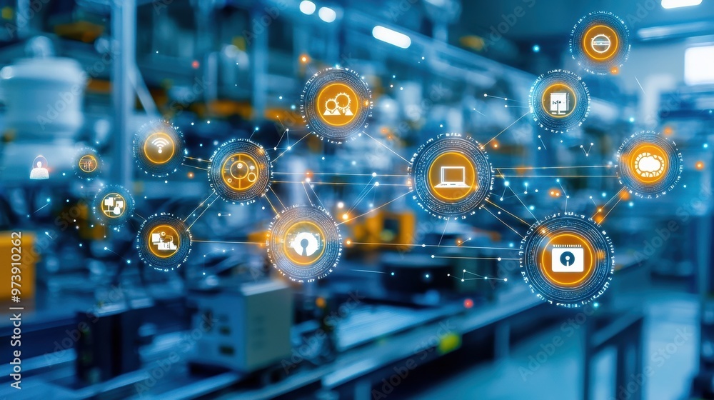Poster smart factory with digital interface and network icons