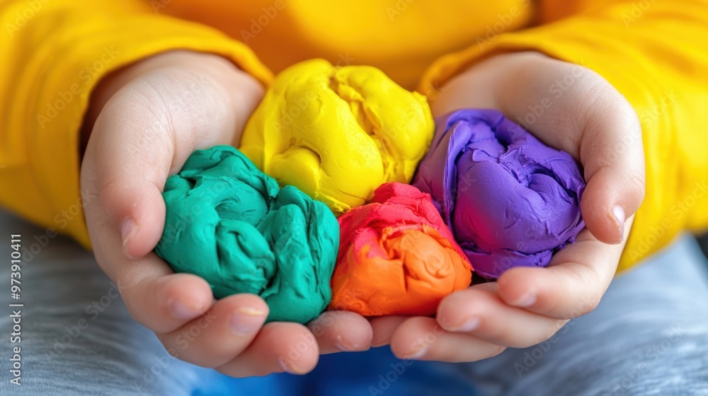 Aufkleber a child plays joyfully with vibrant modeling clay, shaping and molding it with hands while sitting c
