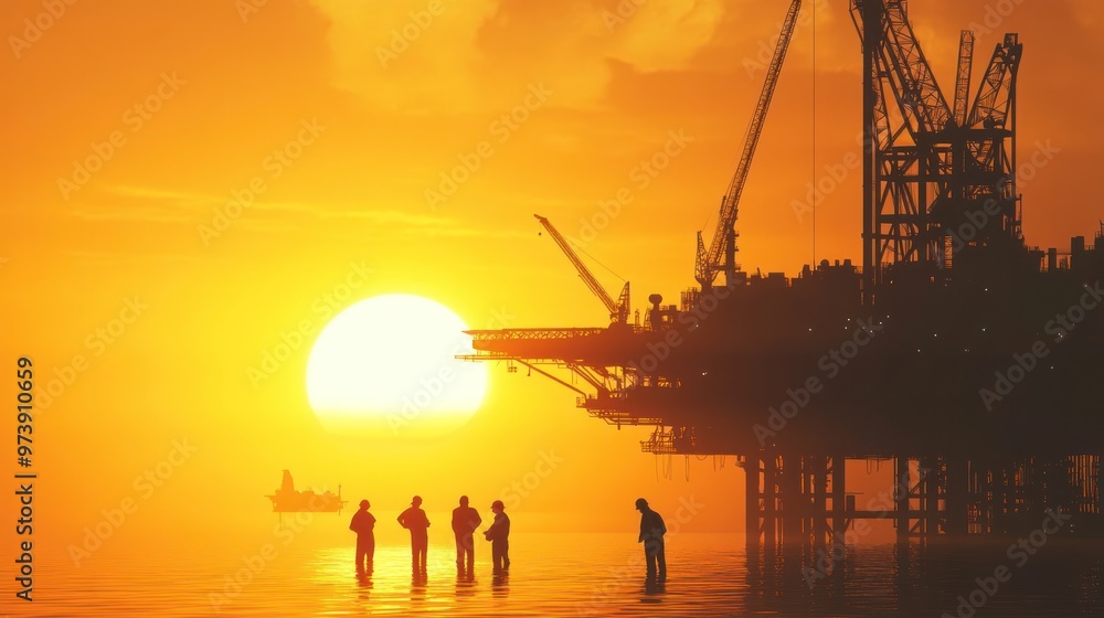 Poster offshore drilling platform in action, multiple workers collaborating on complex tasks, sunset in the