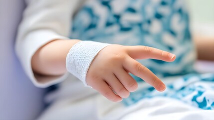 A close-up of a child's hand with a bandage, symbolizing healing, care, and childhood resilience in a medical context.