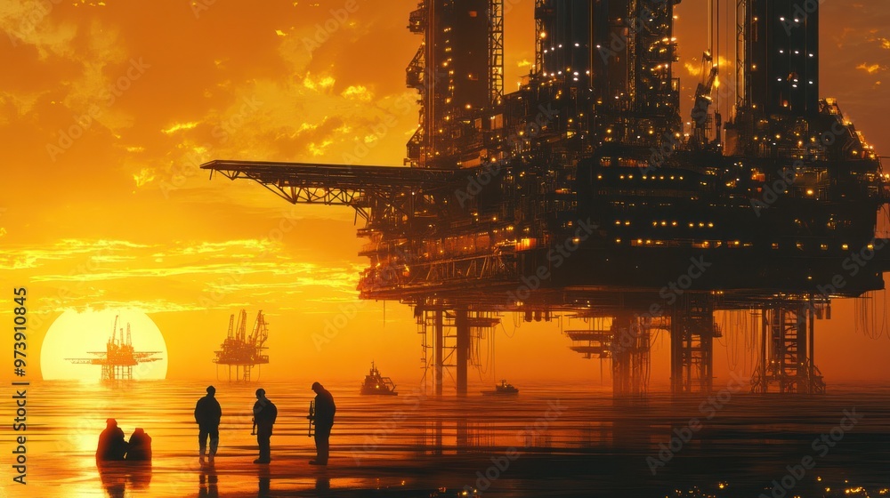 Poster offshore drilling platform in action, multiple workers collaborating on complex tasks, sunset in the