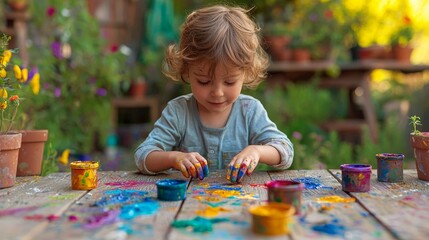 Toddler Finger Painting with Colorful Paints on Wooden Table Outdoors