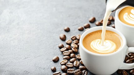 Pouring Milk into Coffee Cup with Latte Art and Coffee Beans