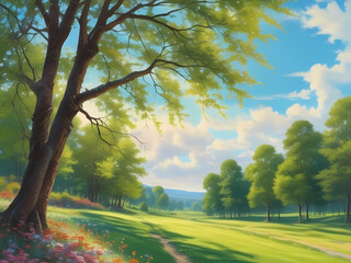 Fototapeta premium Beautiful painting blurred background image of spring nature with a neatly trimmed lawn surrounded by trees against a blue sky with clouds on a bright sunny day.