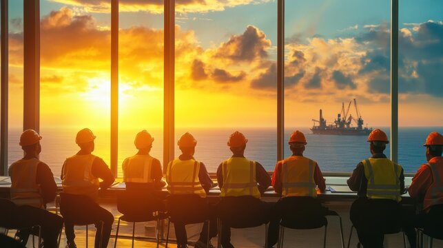 Offshore worker training session, diverse group of workers learning safety protocols, bright training room, ocean view in the background