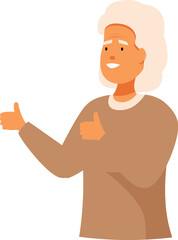 Happy old lady gesturing approval with both hands, showing thumbs up and smiling