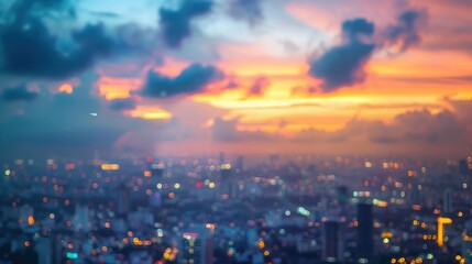 Obraz premium A vibrant sunset transforms the skyline with dramatic colors, as clouds loom over a blurred city filled with twinkling lights