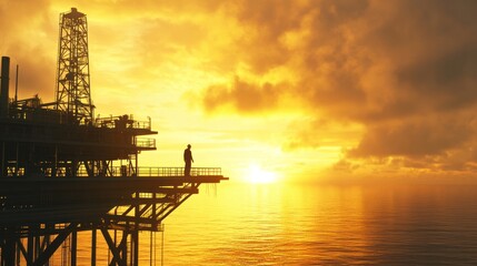 Obraz premium Oil rig at sunrise, golden light illuminating the structure, silhouette of a worker on the platform, calm sea, peaceful atmosphere