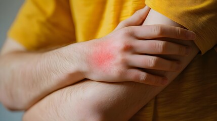 Fototapeta premium A close-up of a hand resting against an arm, showing a red mark, symbolizing skin irritation or injury.