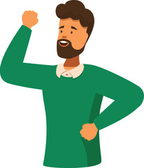 Successful man with beard raising his fist celebrating victory