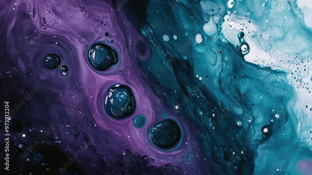 Aufkleber swirling patterns of dark purple and teal blend together with circular bubbles, showcasing an abstra