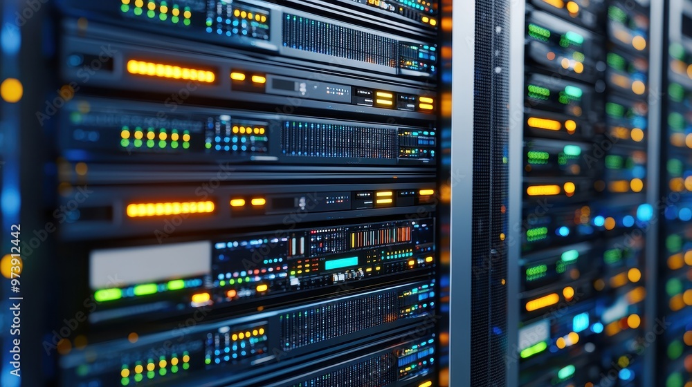 Poster server racks data center network technology close up