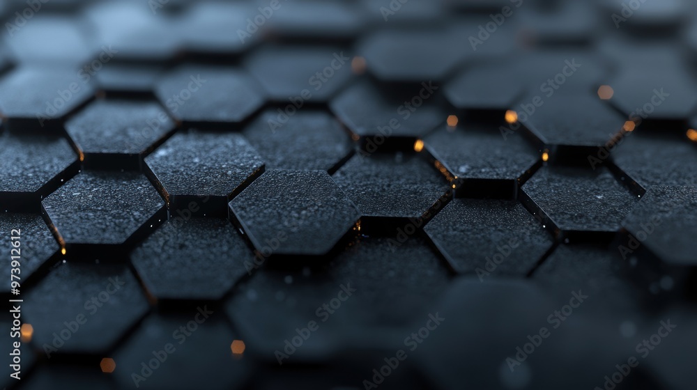 Poster a hexagonal pattern composed of dark, textured elements with soft light reflections creating depth a