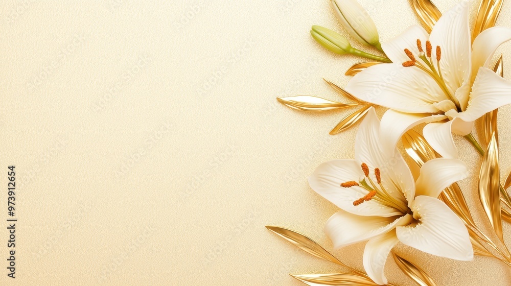 Sticker White Lily Flowers with Golden Leaves on Beige Background