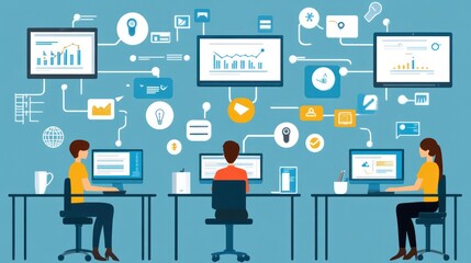Online project management, digital team using collaborative software on multiple devices