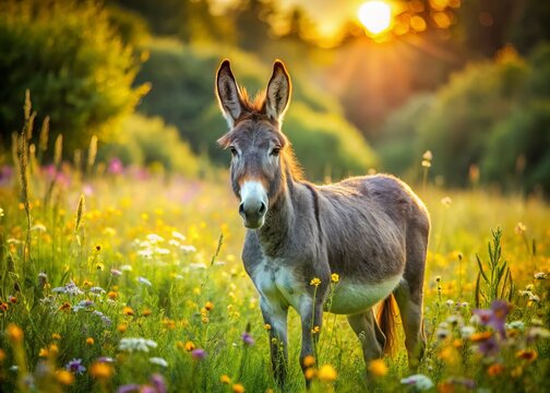 A serene donkey stands alone in a lush green meadow surrounded by vibrant wildflowers, its soft fur glistening