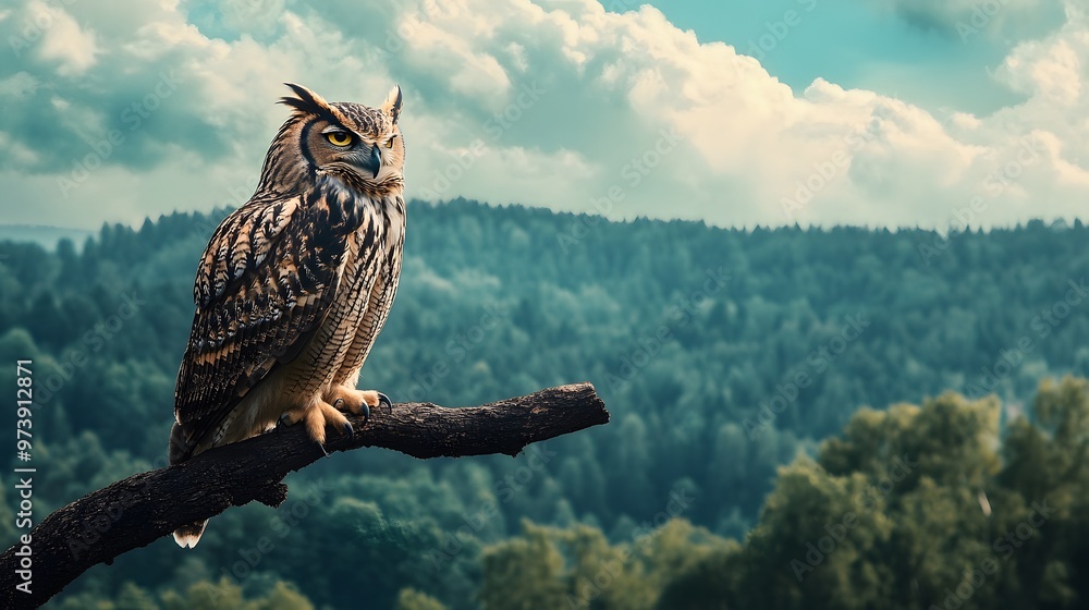 Poster an owl perched on a branch with a forest and cloudy sky in the background