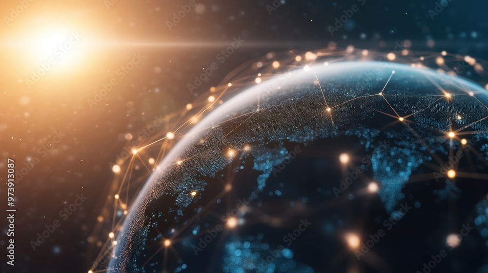 Poster a digital representation of earth highlighting illuminated connections that symbolize global data ex