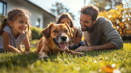 Obraz na płótnie Canvas Happy Family and Dog Playing on Green Grass in Backyard