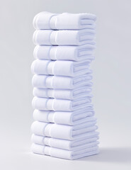 A stack of folded white towels on a plain white isolated background