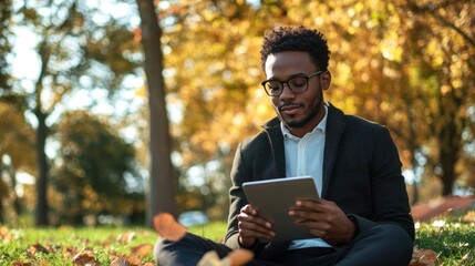 Fototapeta premium Remote job, young professional working on a tablet in a park