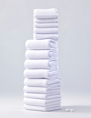 A stack of folded white towels on a plain white isolated background