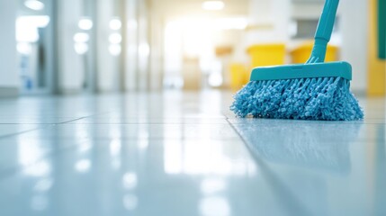 Ready for an office cleanup, the blue broom glides across shiny tiles in a well-lit hallway, preparing the space for tidiness