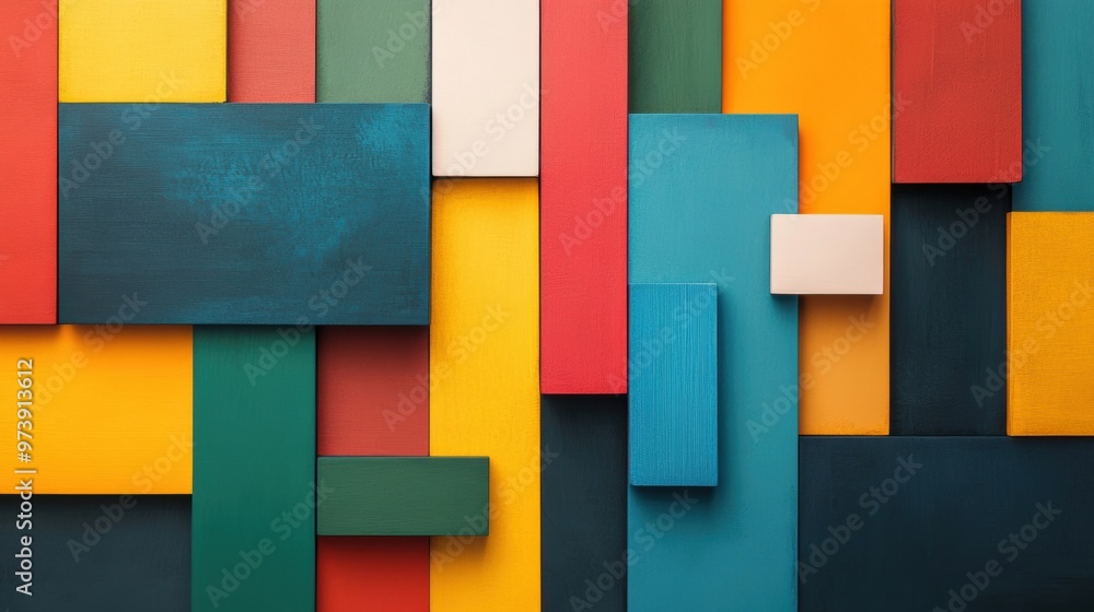 Poster bright abstract geometric shapes in varying colors are creatively arranged, showcasing a lively comp