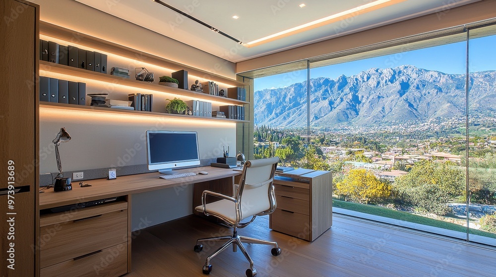 Poster Modern Home Office with Mountain View and Desk with Computer