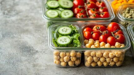 Containers for preparing healthy meals that include avocados, tomatoes, cucumbers, chicken, and chickpeas. A nutritious meal in glass jars with a rustic beige backdrop. idea of zero waste.