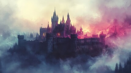 Watercolor style castle with soft gradients and fluid textures.